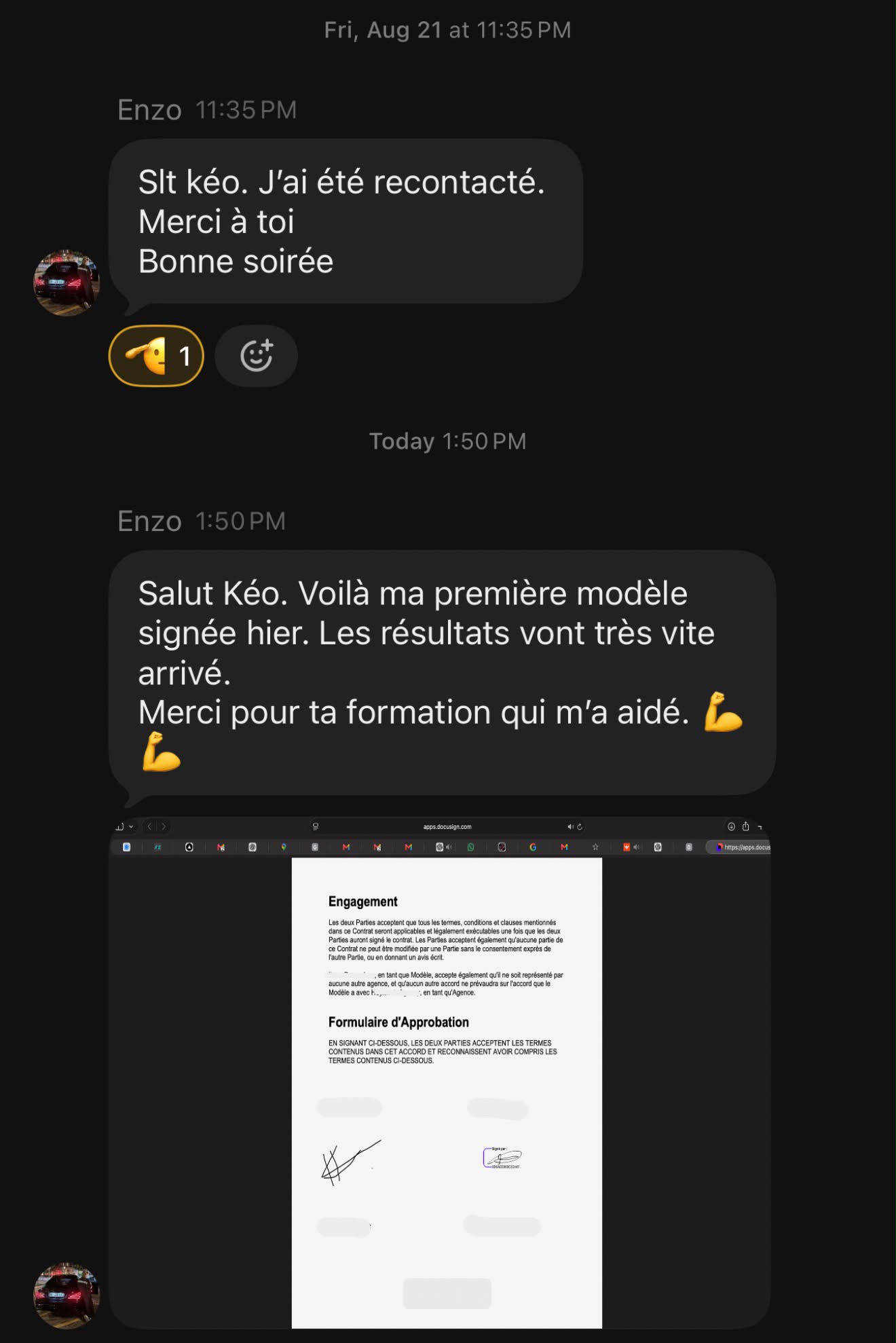 Message WhatsApp D'Enzo : sa première modèle signée