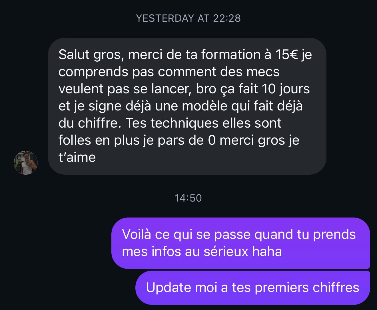 Message WhatsApp d'un membre : première modèle signée en 10 jours